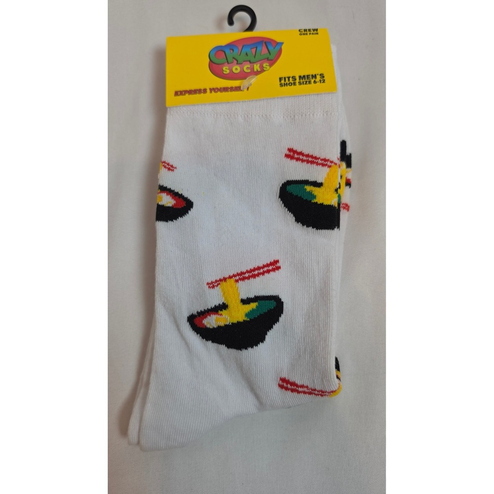 Crazy Socks Ramen Noodle Bowl Novelty Mens Crew Socks White Size 6-12 NWT